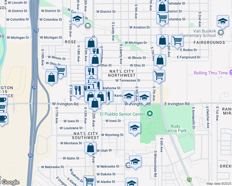 map of restaurants, bars, coffee shops, grocery stores, and more near 320 West Kentucky Street in Tucson