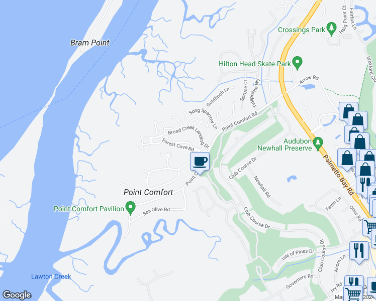 map of restaurants, bars, coffee shops, grocery stores, and more near 102 Forest Cove in Hilton Head Island