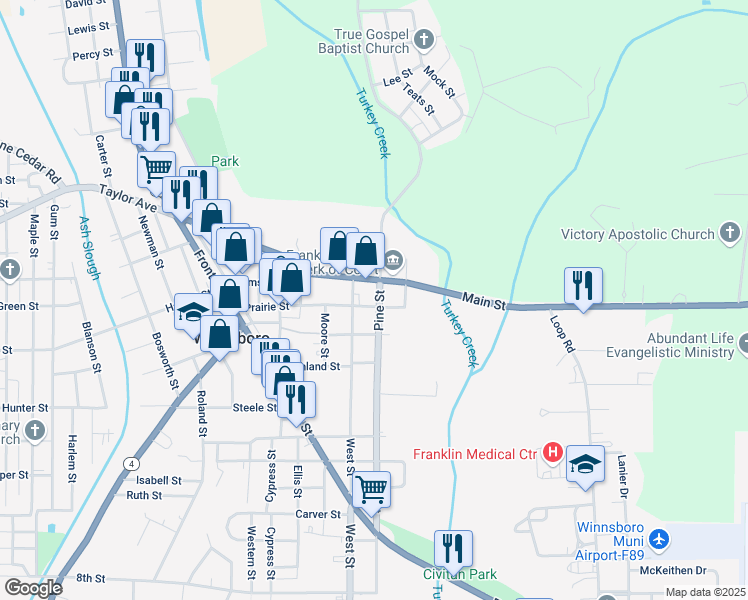 map of restaurants, bars, coffee shops, grocery stores, and more near 306 Prairie Street in Winnsboro