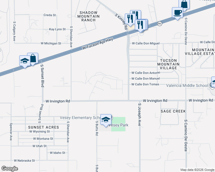 map of restaurants, bars, coffee shops, grocery stores, and more near 4922 South Butts Road in Tucson
