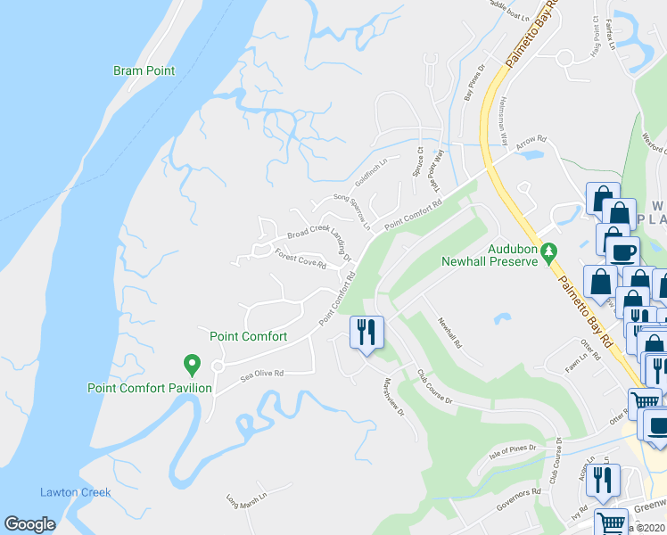 map of restaurants, bars, coffee shops, grocery stores, and more near 109 Forest Cove in Hilton Head Island