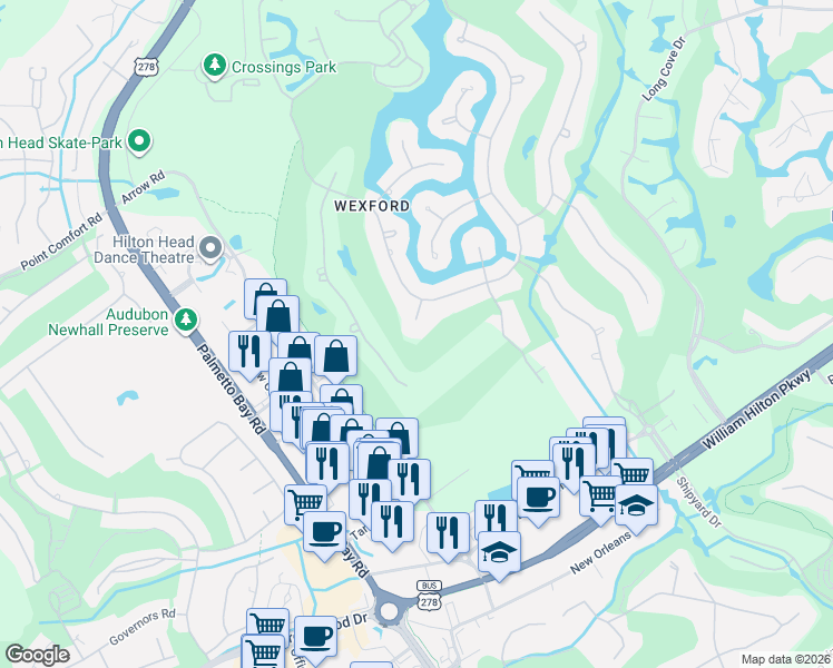map of restaurants, bars, coffee shops, grocery stores, and more near 25 Wexford Circle in Hilton Head Island