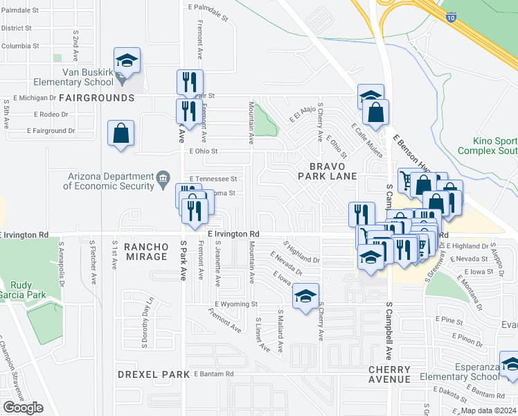 map of restaurants, bars, coffee shops, grocery stores, and more near 4801 South Calle Pilar in Tucson