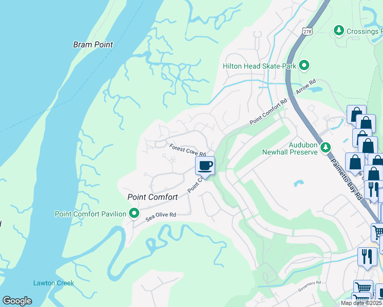 map of restaurants, bars, coffee shops, grocery stores, and more near 76 Forest Cove in Hilton Head Island