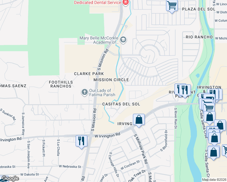 map of restaurants, bars, coffee shops, grocery stores, and more near 1742 West Mission Place in Tucson