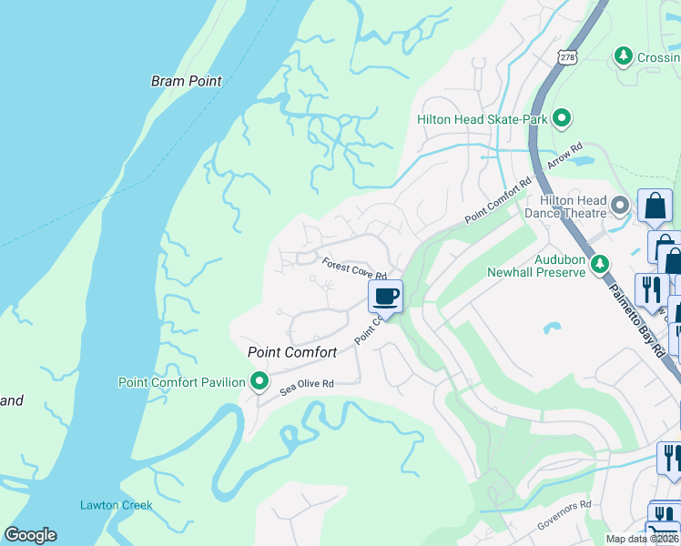 map of restaurants, bars, coffee shops, grocery stores, and more near 30 Forest Cove Road in Hilton Head Island
