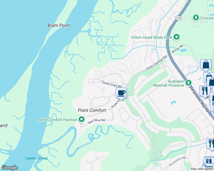 map of restaurants, bars, coffee shops, grocery stores, and more near 30 Forest Cove Road in Hilton Head Island