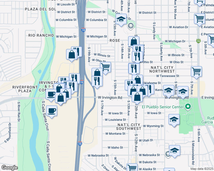map of restaurants, bars, coffee shops, grocery stores, and more near 902 West Irvington Road in Tucson