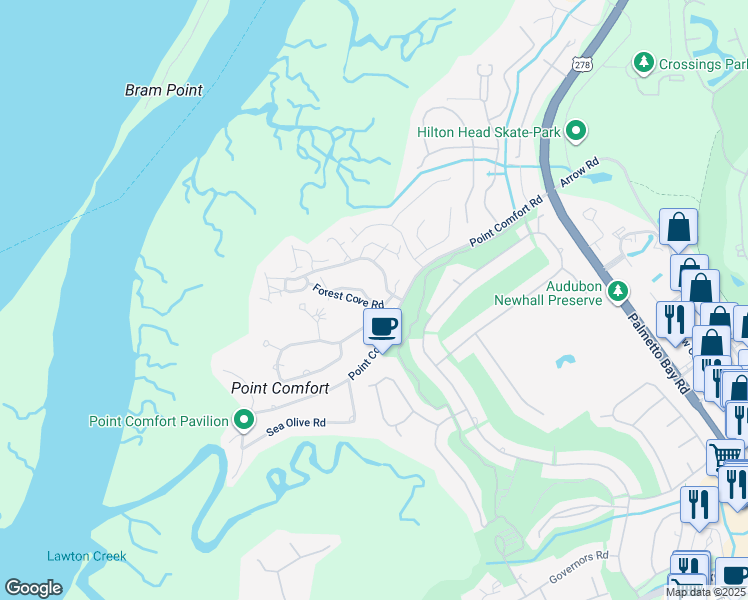 map of restaurants, bars, coffee shops, grocery stores, and more near 109 Forest Cove in Hilton Head Island