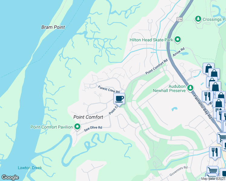 map of restaurants, bars, coffee shops, grocery stores, and more near 109 Forest Cove in Hilton Head Island