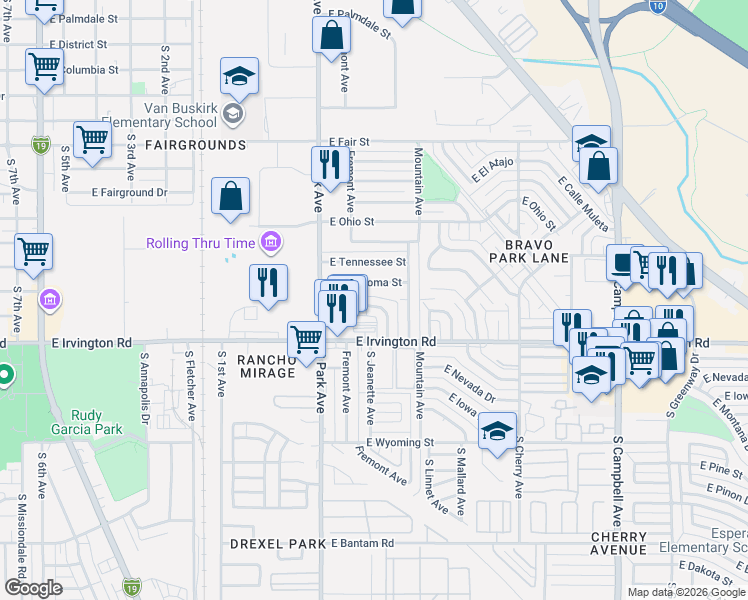 map of restaurants, bars, coffee shops, grocery stores, and more near 1204 East Kentucky Street in Tucson