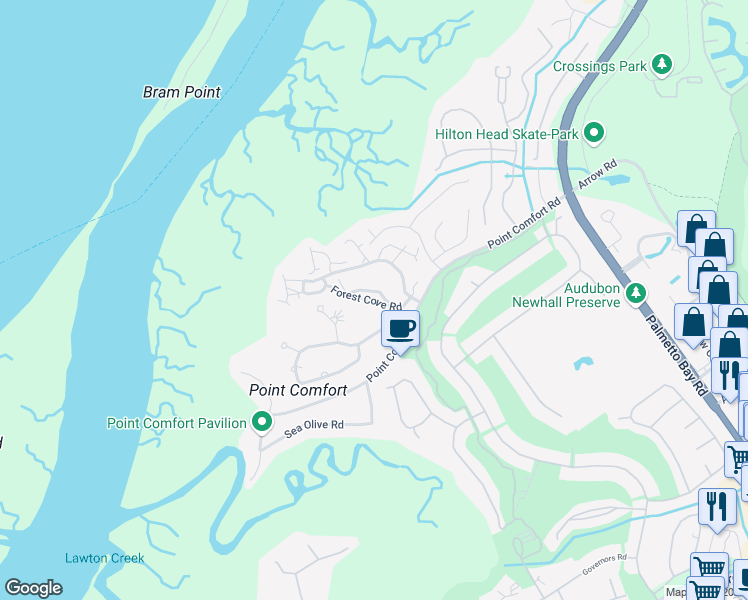 map of restaurants, bars, coffee shops, grocery stores, and more near 80 Forest Cove in Hilton Head Island