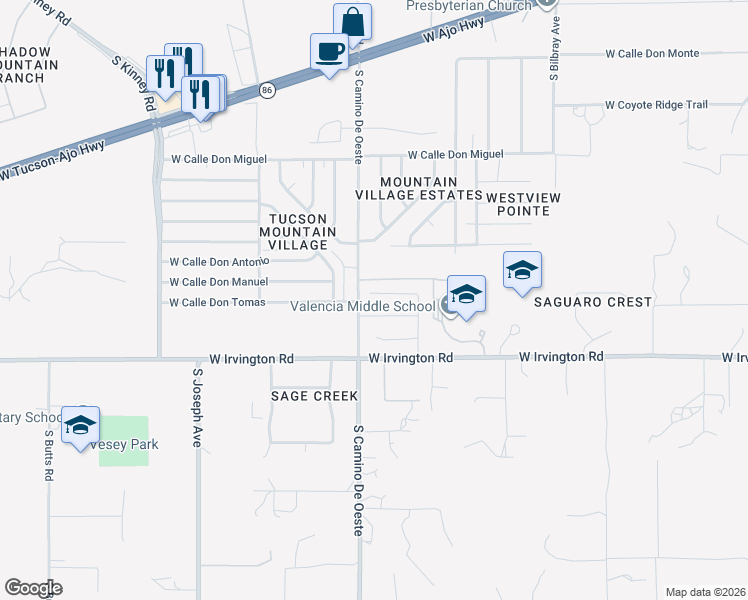 map of restaurants, bars, coffee shops, grocery stores, and more near 4664 South Camino De Oeste in Tucson