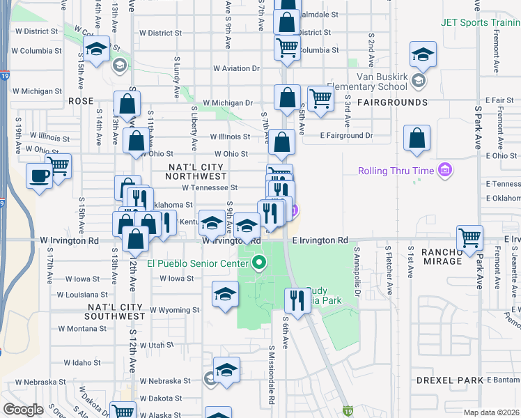 map of restaurants, bars, coffee shops, grocery stores, and more near 114 West Kentucky Street in Tucson