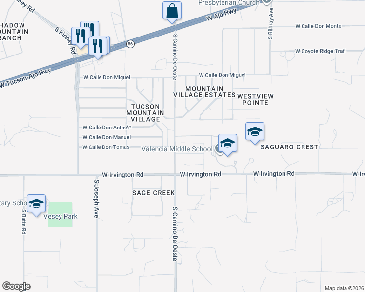 map of restaurants, bars, coffee shops, grocery stores, and more near 4664 South Camino De Oeste in Tucson