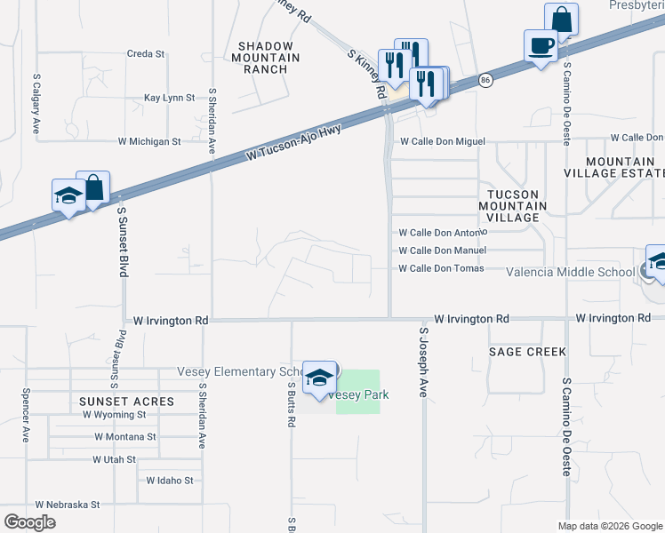 map of restaurants, bars, coffee shops, grocery stores, and more near West Irvington Road in Tucson
