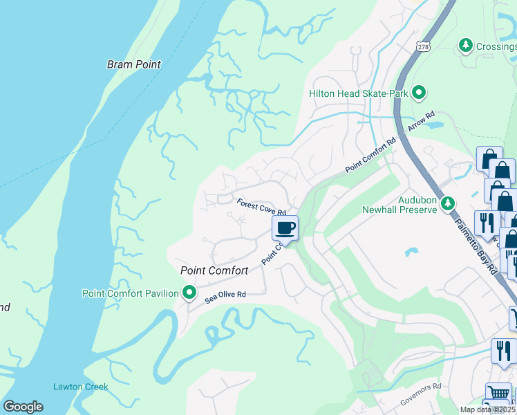 map of restaurants, bars, coffee shops, grocery stores, and more near 30 Forest Cove Road in Hilton Head Island
