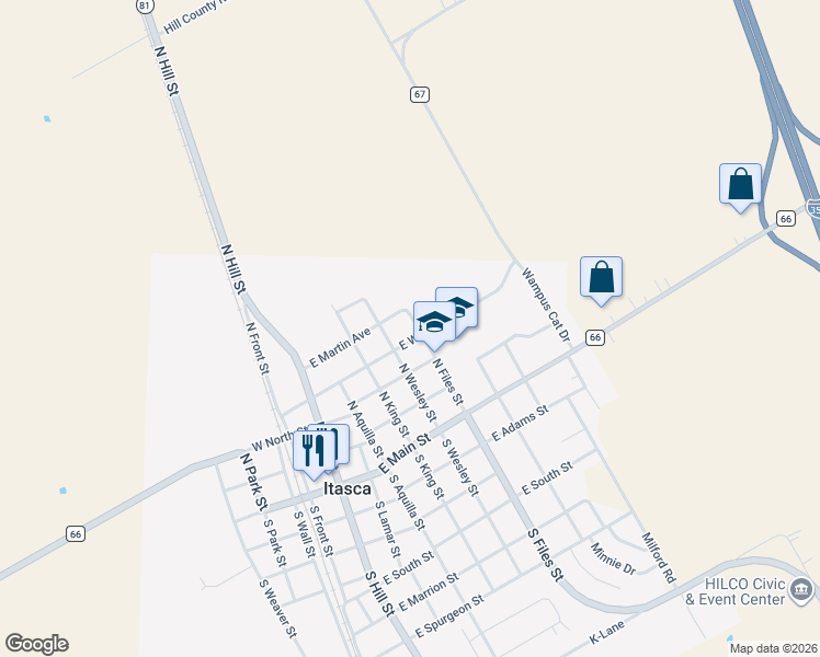 map of restaurants, bars, coffee shops, grocery stores, and more near 505 East Wilkerson Street in Itasca