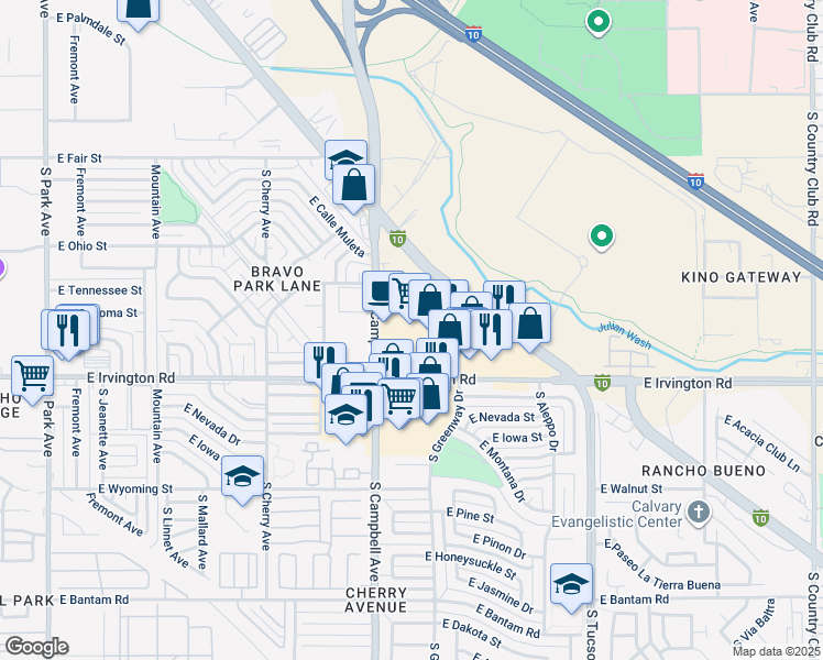 map of restaurants, bars, coffee shops, grocery stores, and more near 2001 East Irvington Road in Tucson
