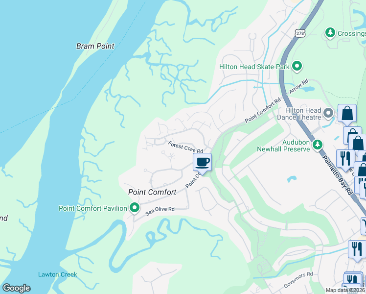 map of restaurants, bars, coffee shops, grocery stores, and more near 30 Forest Cove Road in Hilton Head Island