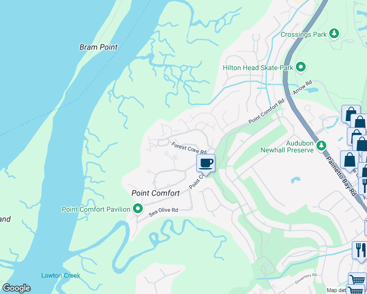 map of restaurants, bars, coffee shops, grocery stores, and more near 30 Forest Cove Road in Hilton Head Island