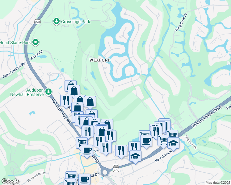 map of restaurants, bars, coffee shops, grocery stores, and more near 21 Wexford Circle in Hilton Head Island