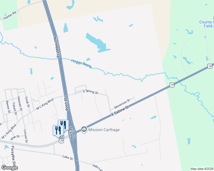 map of restaurants, bars, coffee shops, grocery stores, and more near 1504 East Spring Street in Carthage