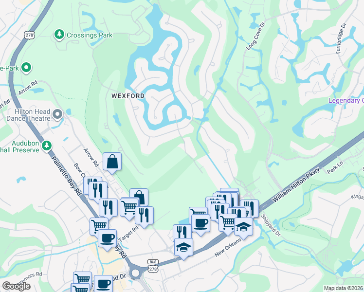 map of restaurants, bars, coffee shops, grocery stores, and more near 6 Oxford Drive in Hilton Head Island