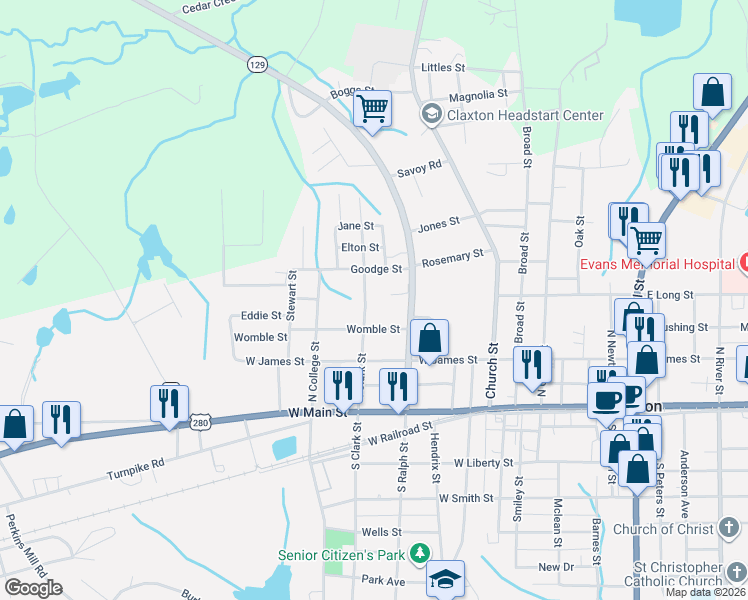 map of restaurants, bars, coffee shops, grocery stores, and more near Womble Street in Claxton