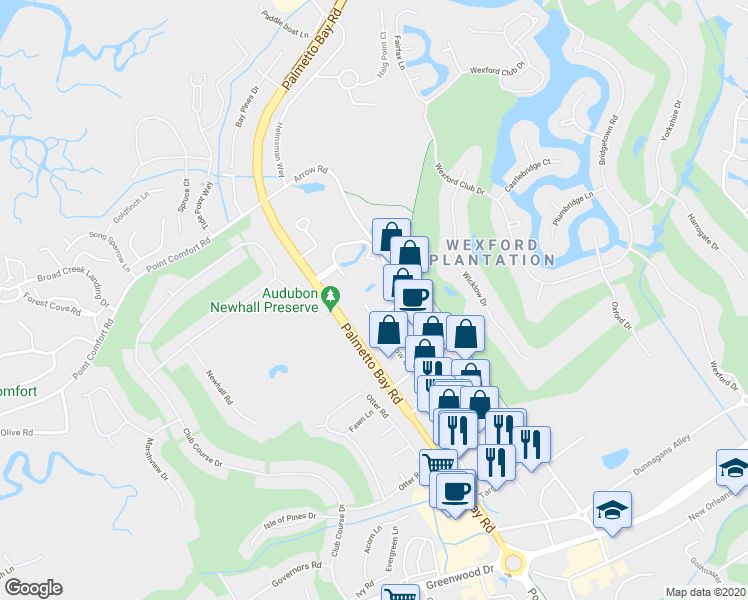 map of restaurants, bars, coffee shops, grocery stores, and more near 35 Bow Circle in Hilton Head Island