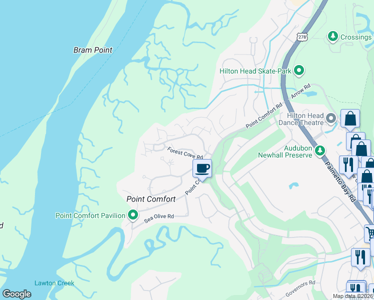 map of restaurants, bars, coffee shops, grocery stores, and more near 30 Forest Cove Road in Hilton Head Island