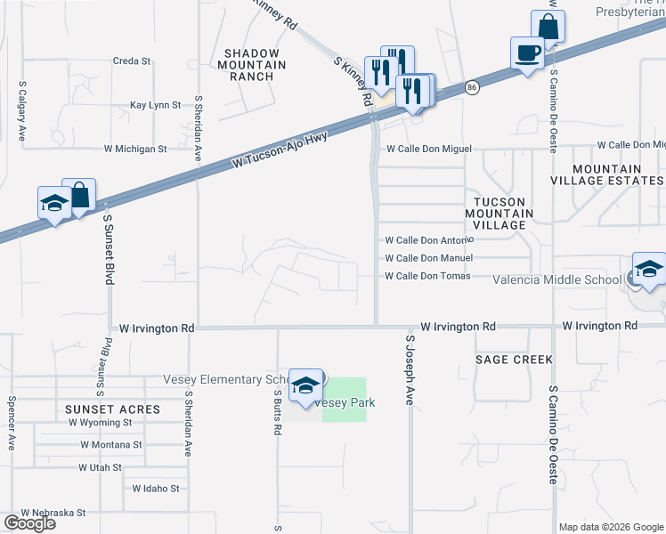 map of restaurants, bars, coffee shops, grocery stores, and more near West Irvington Road in Tucson
