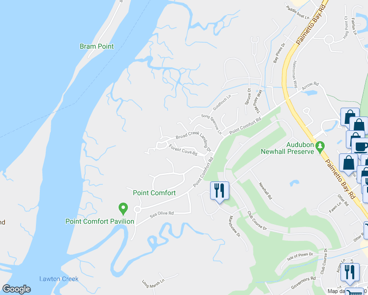 map of restaurants, bars, coffee shops, grocery stores, and more near 30 Forest Cove Road in Hilton Head Island