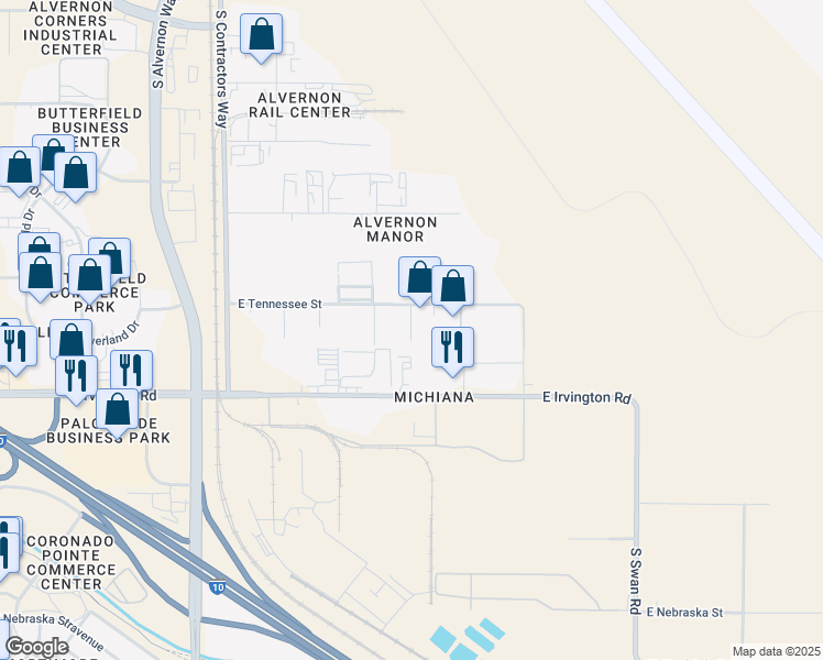 map of restaurants, bars, coffee shops, grocery stores, and more near Unnamed Road in Tucson
