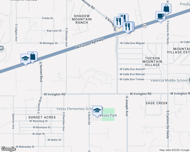 map of restaurants, bars, coffee shops, grocery stores, and more near South Kinney Road in Tucson