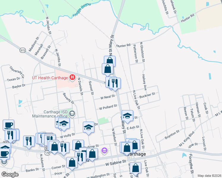 map of restaurants, bars, coffee shops, grocery stores, and more near 124 Cottage Road in Carthage