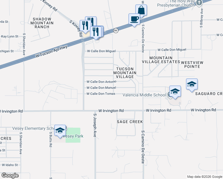 map of restaurants, bars, coffee shops, grocery stores, and more near 4801 West Calle Don Manuel in Tucson