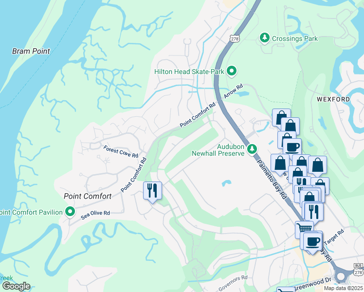 map of restaurants, bars, coffee shops, grocery stores, and more near 120 Club Course Drive in Hilton Head Island