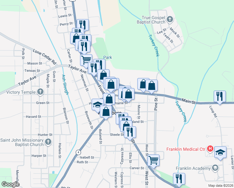 map of restaurants, bars, coffee shops, grocery stores, and more near 6649 Kinloch Street in Winnsboro