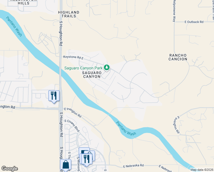 map of restaurants, bars, coffee shops, grocery stores, and more near 10611 Elkridge Place in Tucson