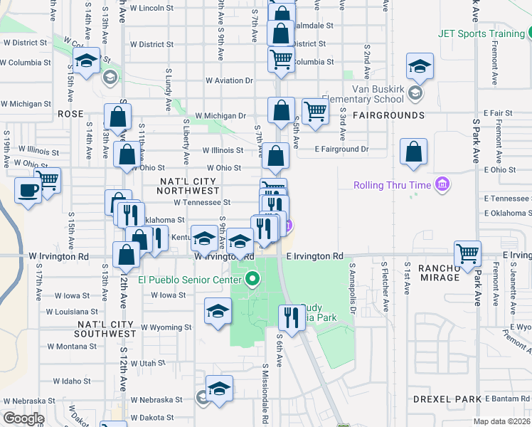 map of restaurants, bars, coffee shops, grocery stores, and more near 4756 South 6th Avenue in Tucson