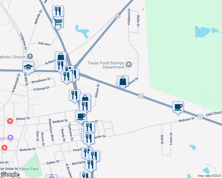 map of restaurants, bars, coffee shops, grocery stores, and more near 417 U.S. 79 in Henderson