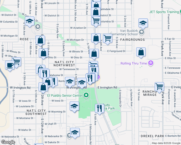 map of restaurants, bars, coffee shops, grocery stores, and more near 4756 South 6th Avenue in Tucson