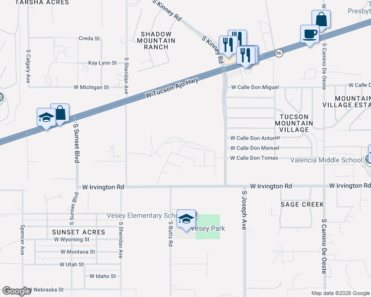 map of restaurants, bars, coffee shops, grocery stores, and more near South Kinney Road in Tucson