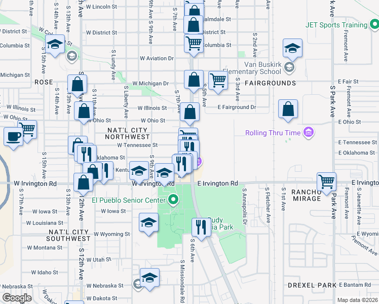 map of restaurants, bars, coffee shops, grocery stores, and more near 4756 South 6th Avenue in Tucson