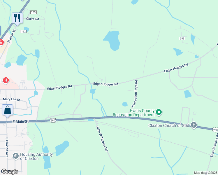 map of restaurants, bars, coffee shops, grocery stores, and more near 1466 Edgar Hodges Road in Claxton