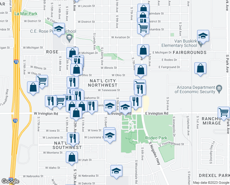 map of restaurants, bars, coffee shops, grocery stores, and more near 207 West Tennessee Street in Tucson