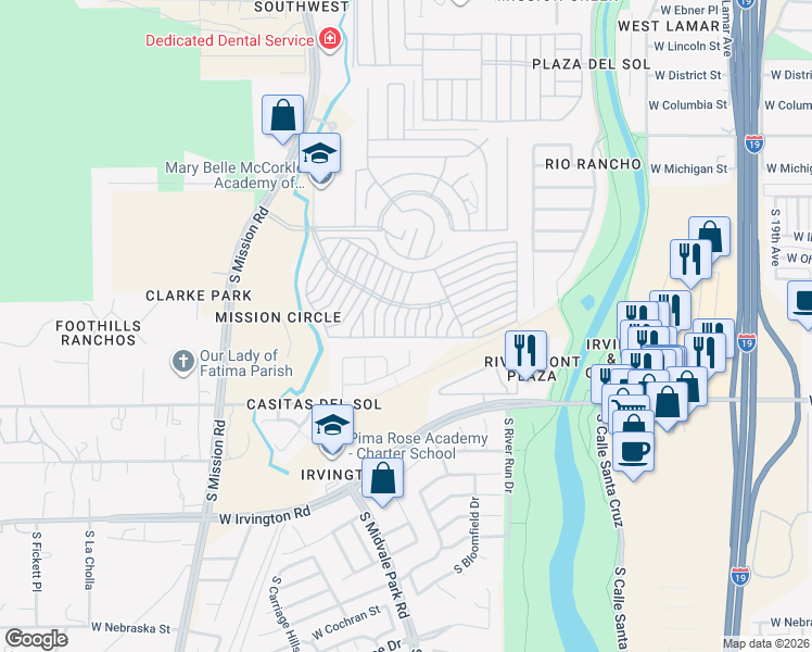 map of restaurants, bars, coffee shops, grocery stores, and more near 4555 South Mission Road in Tucson