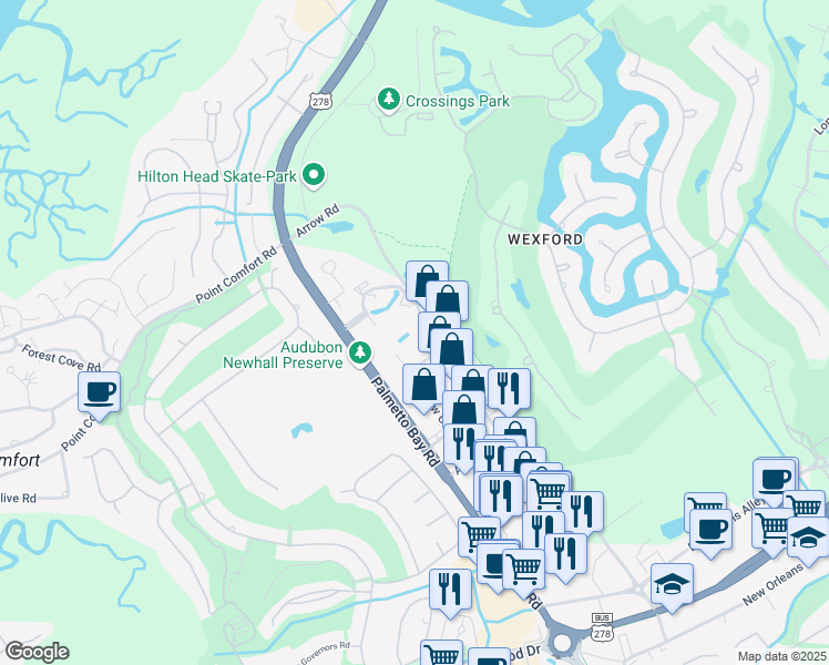 map of restaurants, bars, coffee shops, grocery stores, and more near 60 Arrow Road in Hilton Head Island