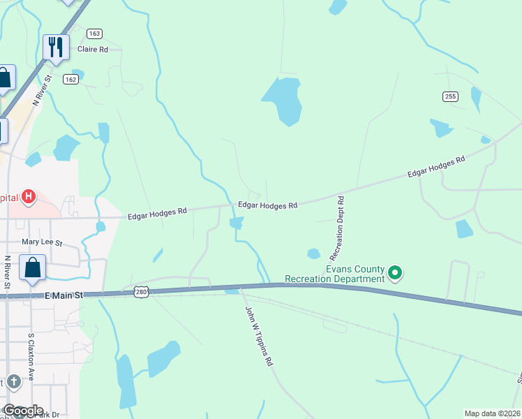 map of restaurants, bars, coffee shops, grocery stores, and more near 1425 Edgar Hodges Road in Claxton